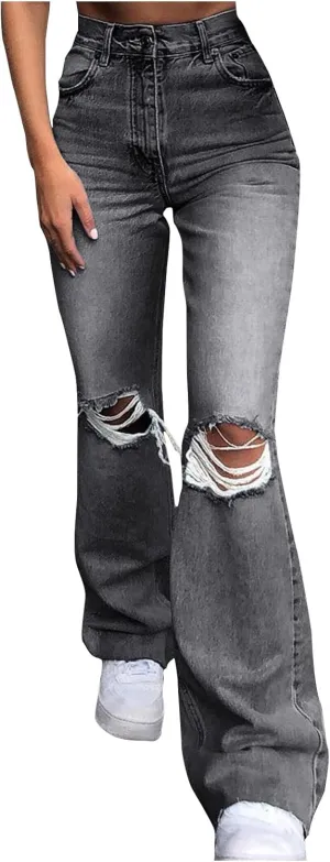 SMIDOW Women's Flare Bell Bottom Ripped Stretch Denim Pants - Flare Leg Bootcut Distressed Y2K Jeans