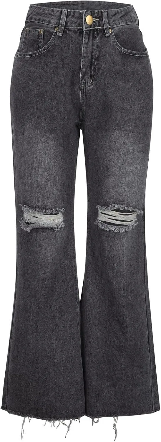 SMIDOW Women's Flare Bell Bottom Ripped Stretch Denim Pants - Flare Leg Bootcut Distressed Y2K Jeans