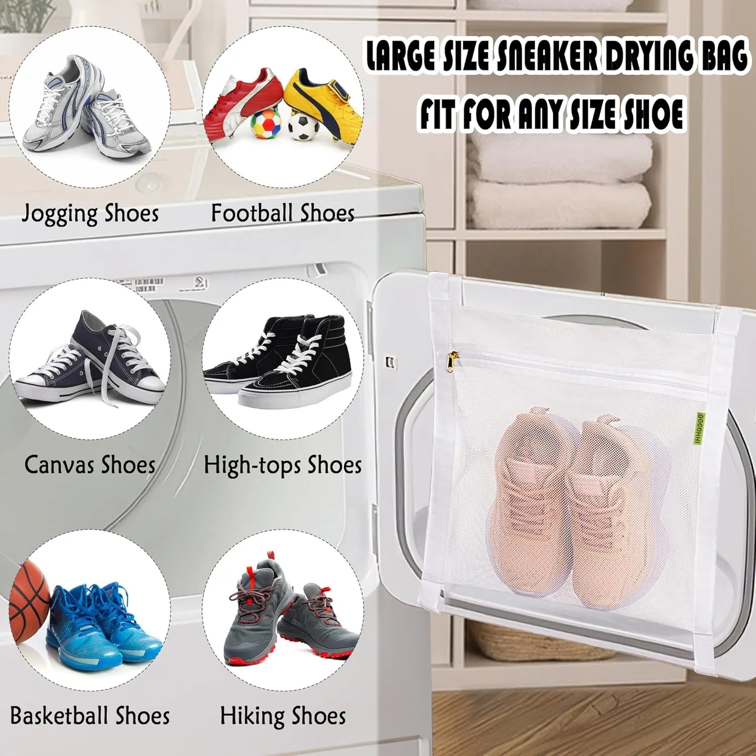 Sneaker Wash & Dry Net Bag for Dryer, 15.7x13.8 Inch Large HoneyComber Mesh Bags with Zipper and Strap for Shoes, Clothing, Laundry Reused Bag Tool (2 Pcs White)