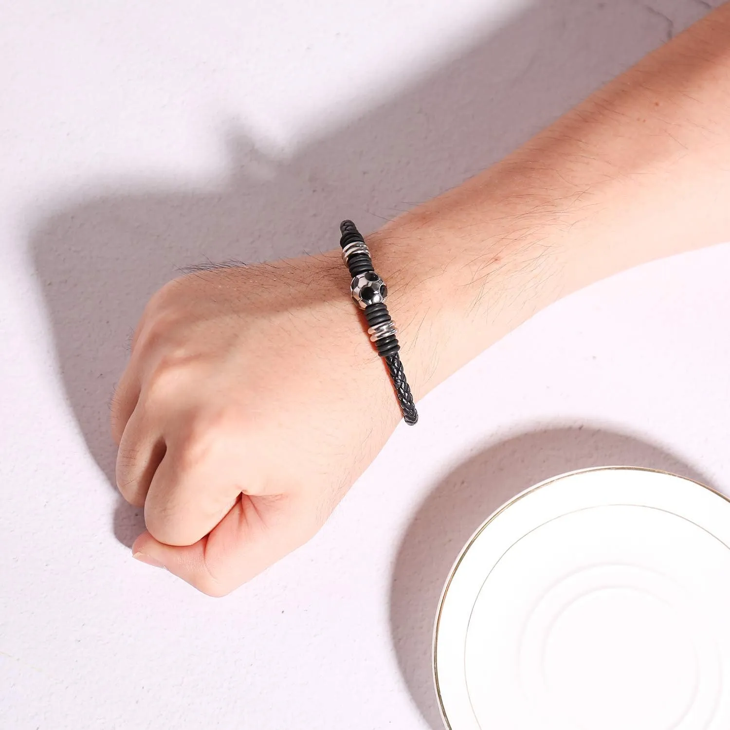 Soccer Bracelet for Boys Men Braided Soccer Leather Wristband Gifts for Son with Solid Stainless Steel Soccer Ball Charm, Customized Initial Name on Clasp, Football Jewelry gift