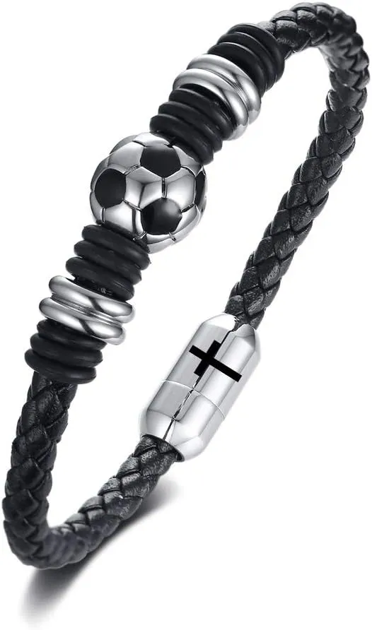 Soccer Bracelet for Boys Men Braided Soccer Leather Wristband Gifts for Son with Solid Stainless Steel Soccer Ball Charm, Customized Initial Name on Clasp, Football Jewelry gift