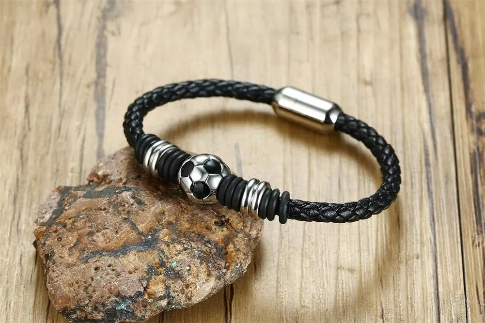 Soccer Bracelet for Boys Men Braided Soccer Leather Wristband Gifts for Son with Solid Stainless Steel Soccer Ball Charm, Customized Initial Name on Clasp, Football Jewelry gift