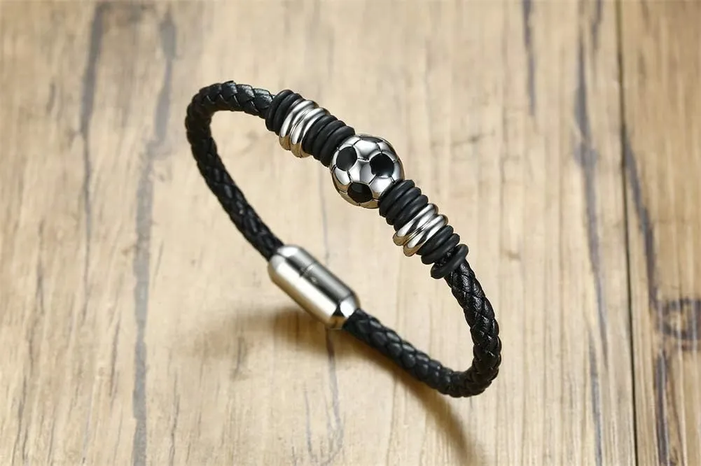 Soccer Bracelet for Boys Men Braided Soccer Leather Wristband Gifts for Son with Solid Stainless Steel Soccer Ball Charm, Customized Initial Name on Clasp, Football Jewelry gift