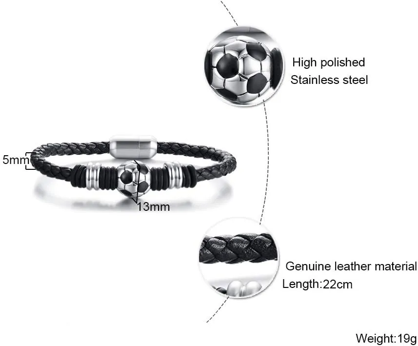 Soccer Bracelet for Boys Men Braided Soccer Leather Wristband Gifts for Son with Solid Stainless Steel Soccer Ball Charm, Customized Initial Name on Clasp, Football Jewelry gift