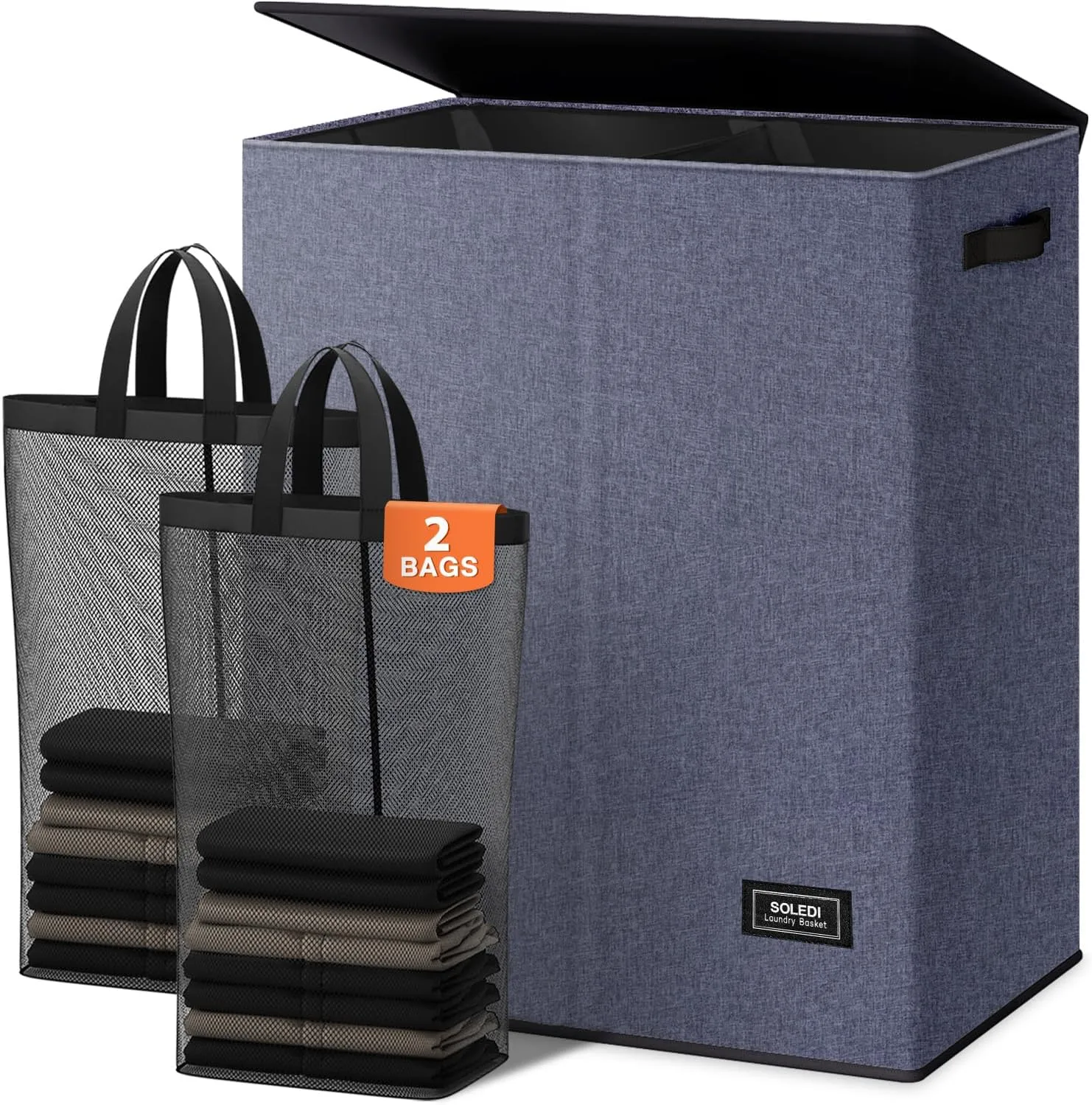 SOLEDI Large Double Laundry Hamper with Lid, Collapsible Clothes Hamper 2 section with Removable Bags, Space-Saving Laundry Basket for Bedroom, Dorm, College