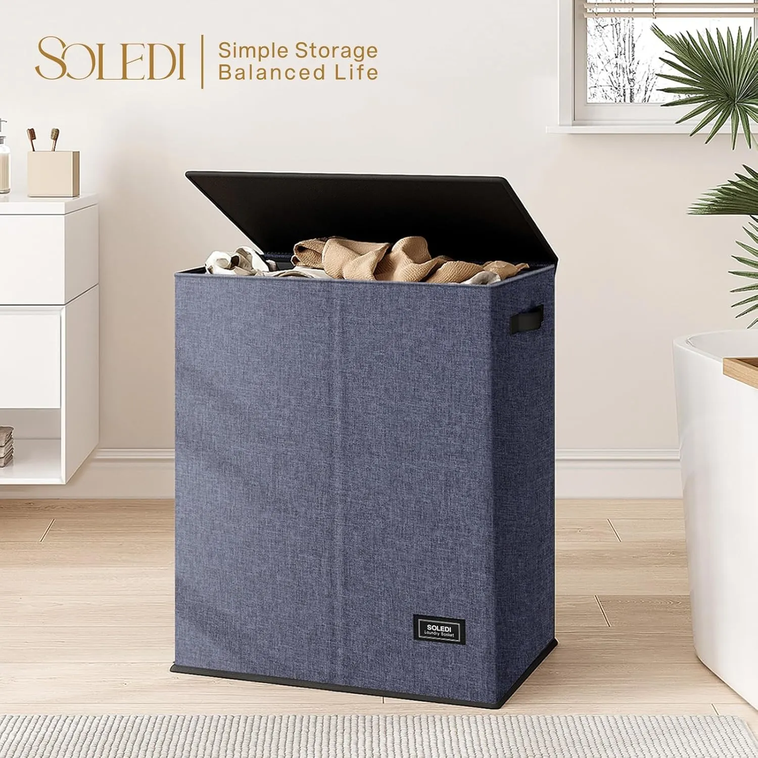 SOLEDI Large Double Laundry Hamper with Lid, Collapsible Clothes Hamper 2 section with Removable Bags, Space-Saving Laundry Basket for Bedroom, Dorm, College