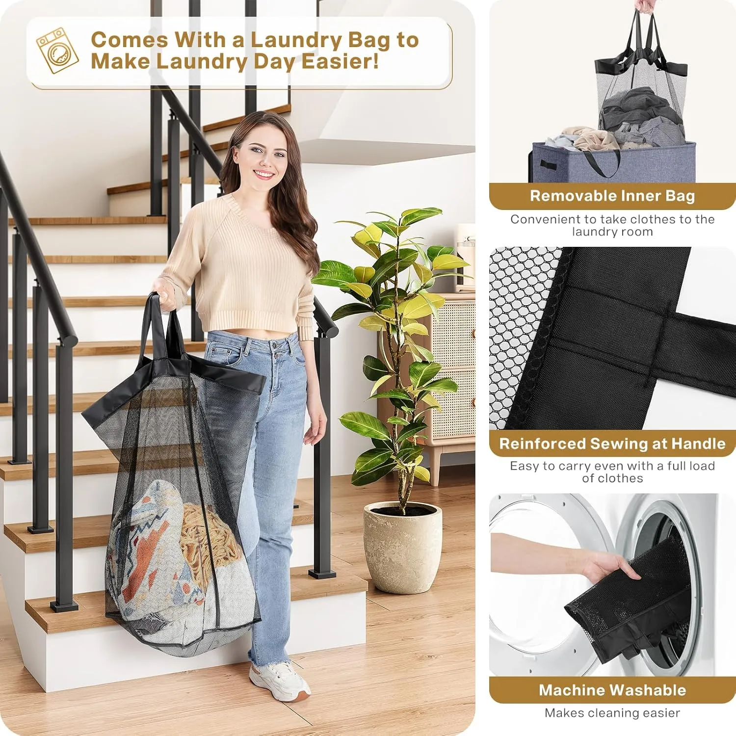 SOLEDI Large Double Laundry Hamper with Lid, Collapsible Clothes Hamper 2 section with Removable Bags, Space-Saving Laundry Basket for Bedroom, Dorm, College