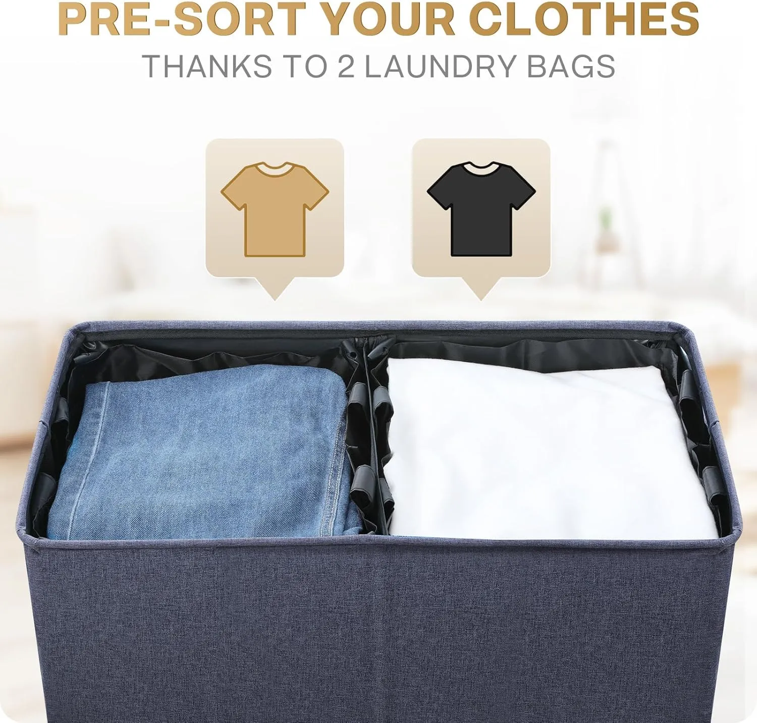 SOLEDI Large Double Laundry Hamper with Lid, Collapsible Clothes Hamper 2 section with Removable Bags, Space-Saving Laundry Basket for Bedroom, Dorm, College