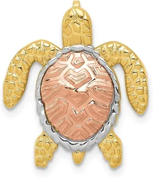 Solid 14k Yellow and White Gold Two Tone Turtle Pendant Charm Slide - 21mm x 18mm