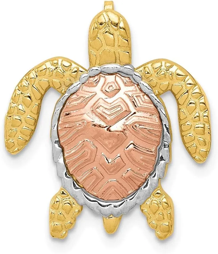 Solid 14k Yellow and White Gold Two Tone Turtle Pendant Charm Slide - 21mm x 18mm