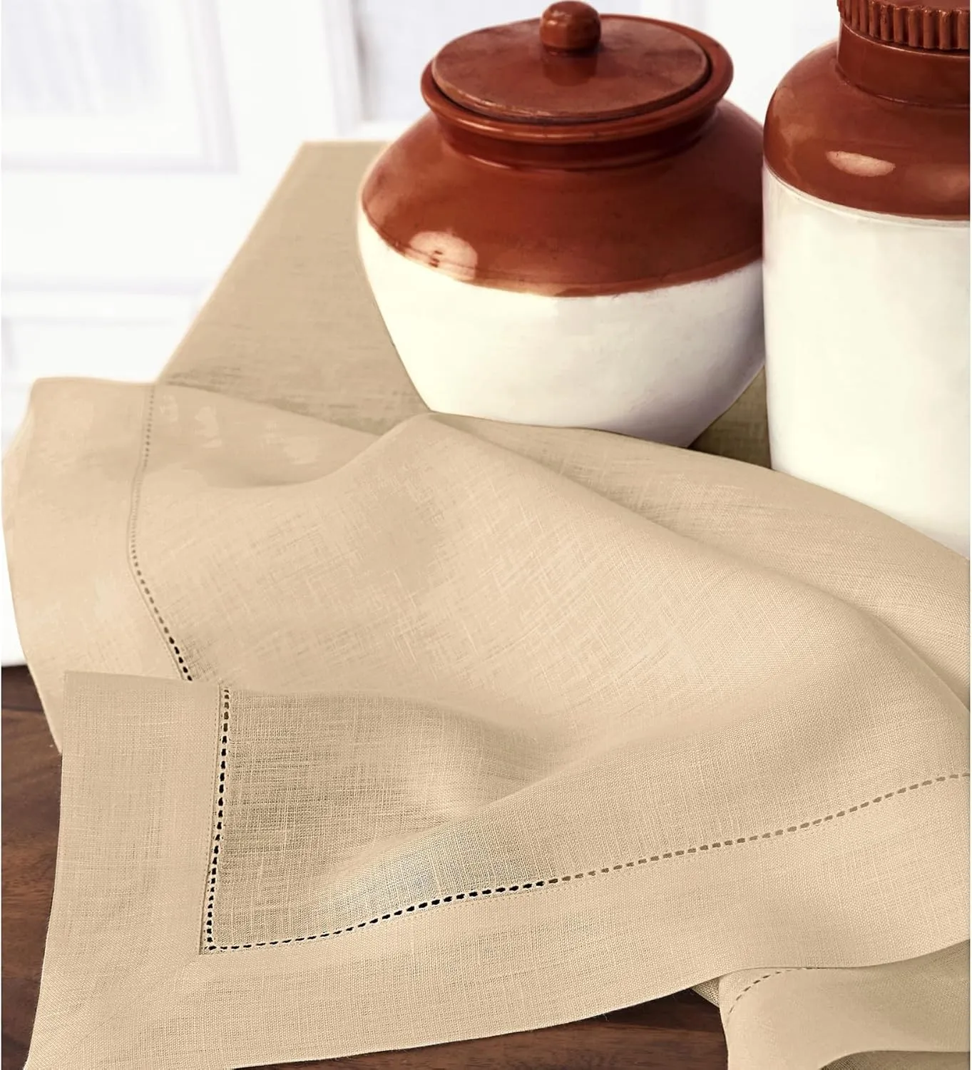 Solino Home Beige Tablecloth 60 x 90 Inch - Classic Hemstitch, 100% Pure Linen Rectangular Tablecloth - Machine Washable Table Cloth for Spring, Summer