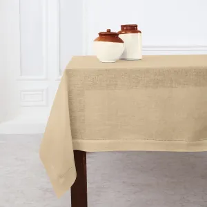 Solino Home Beige Tablecloth 60 x 90 Inch - Classic Hemstitch, 100% Pure Linen Rectangular Tablecloth - Machine Washable Table Cloth for Spring, Summer