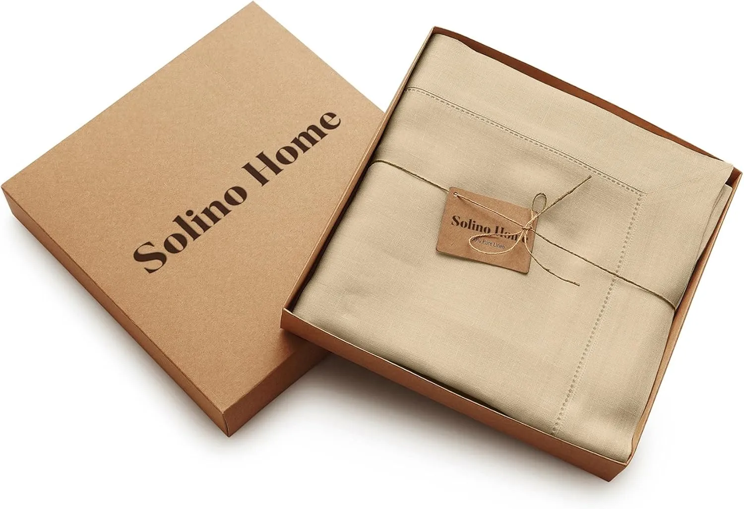 Solino Home Beige Tablecloth 60 x 90 Inch - Classic Hemstitch, 100% Pure Linen Rectangular Tablecloth - Machine Washable Table Cloth for Spring, Summer
