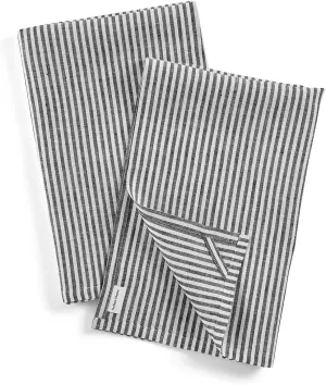 Solino Home Black and White Linen Kitchen Towels Set of 2-100% Pure Linen Narrow Stripe Kitchen/Tea Towels 17 x 26 Inch - Machine Washable and Handcrafted from European Flax