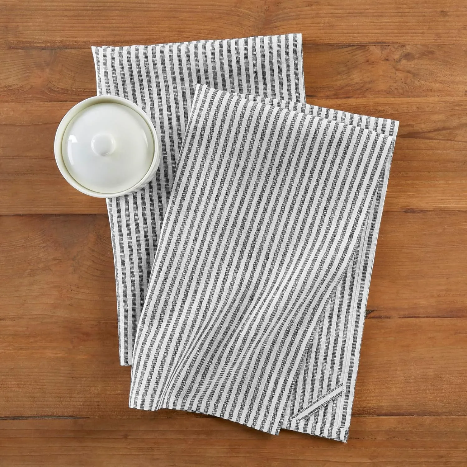 Solino Home Black and White Linen Kitchen Towels Set of 2-100% Pure Linen Narrow Stripe Kitchen/Tea Towels 17 x 26 Inch - Machine Washable and Handcrafted from European Flax