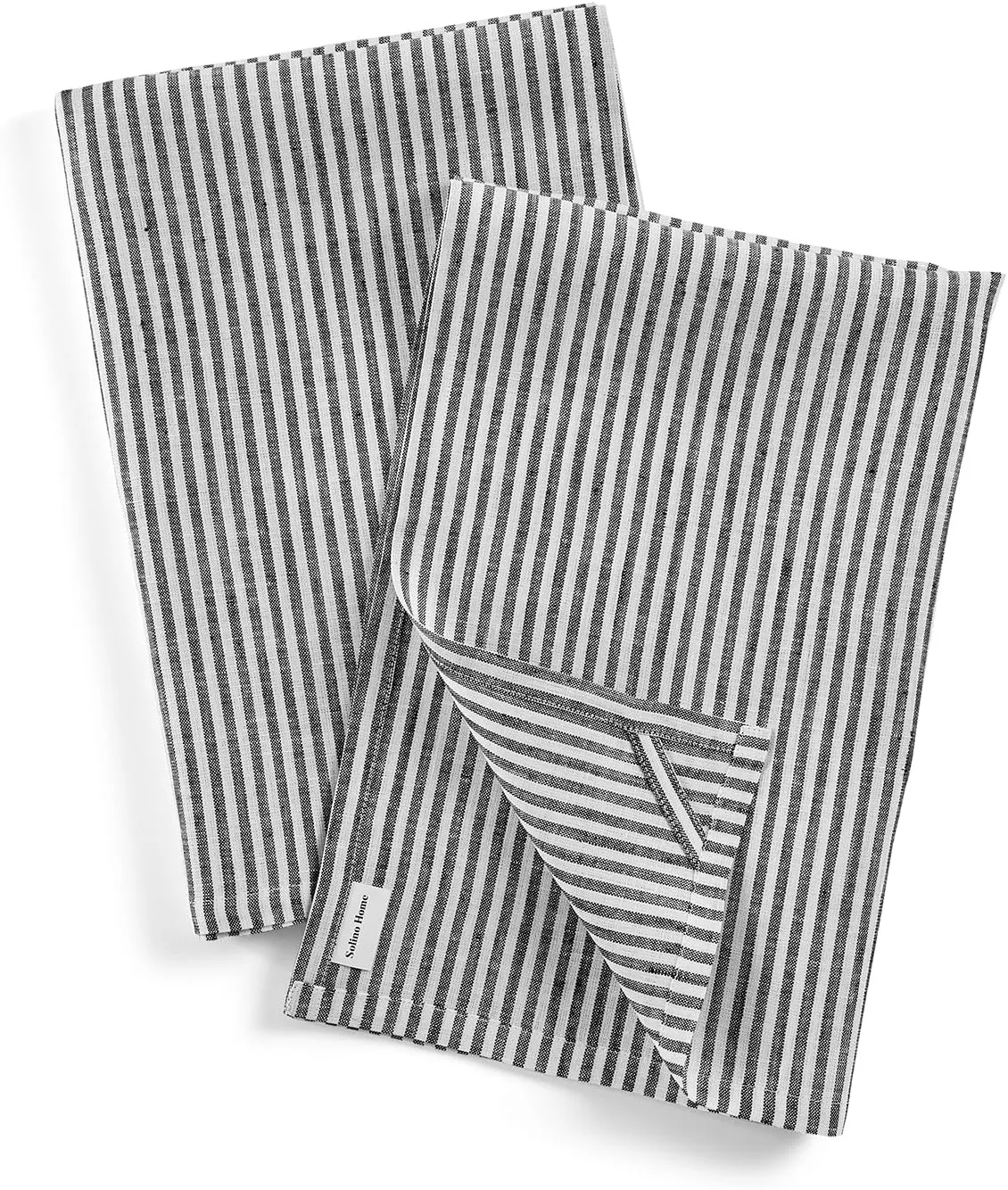 Solino Home Black and White Linen Kitchen Towels Set of 2-100% Pure Linen Narrow Stripe Kitchen/Tea Towels 17 x 26 Inch - Machine Washable and Handcrafted from European Flax