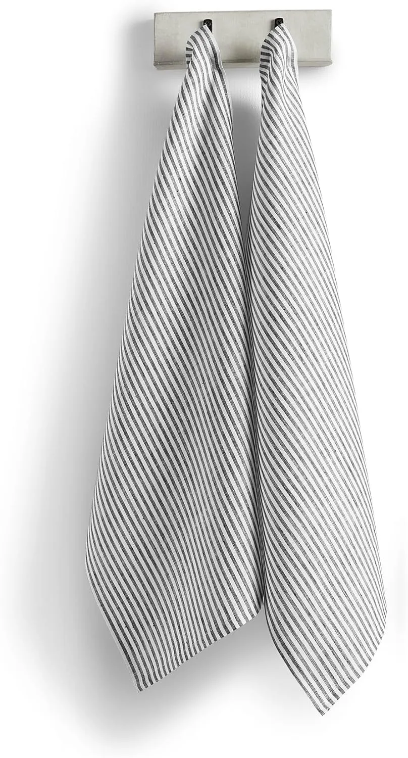 Solino Home Black and White Linen Kitchen Towels Set of 2-100% Pure Linen Narrow Stripe Kitchen/Tea Towels 17 x 26 Inch - Machine Washable and Handcrafted from European Flax