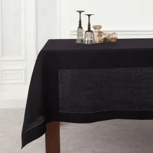 Solino Home Black Linen Tablecloth 60 x 90 Inch - 100% Pure Linen Hemstitch Table Cloth for Rectangle Tables - Classic Hemstitch, Machine Washable Tablecloth for Spring, Summer