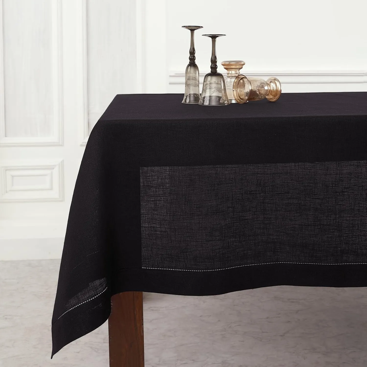 Solino Home Black Linen Tablecloth 60 x 90 Inch - 100% Pure Linen Hemstitch Table Cloth for Rectangle Tables - Classic Hemstitch, Machine Washable Tablecloth for Spring, Summer