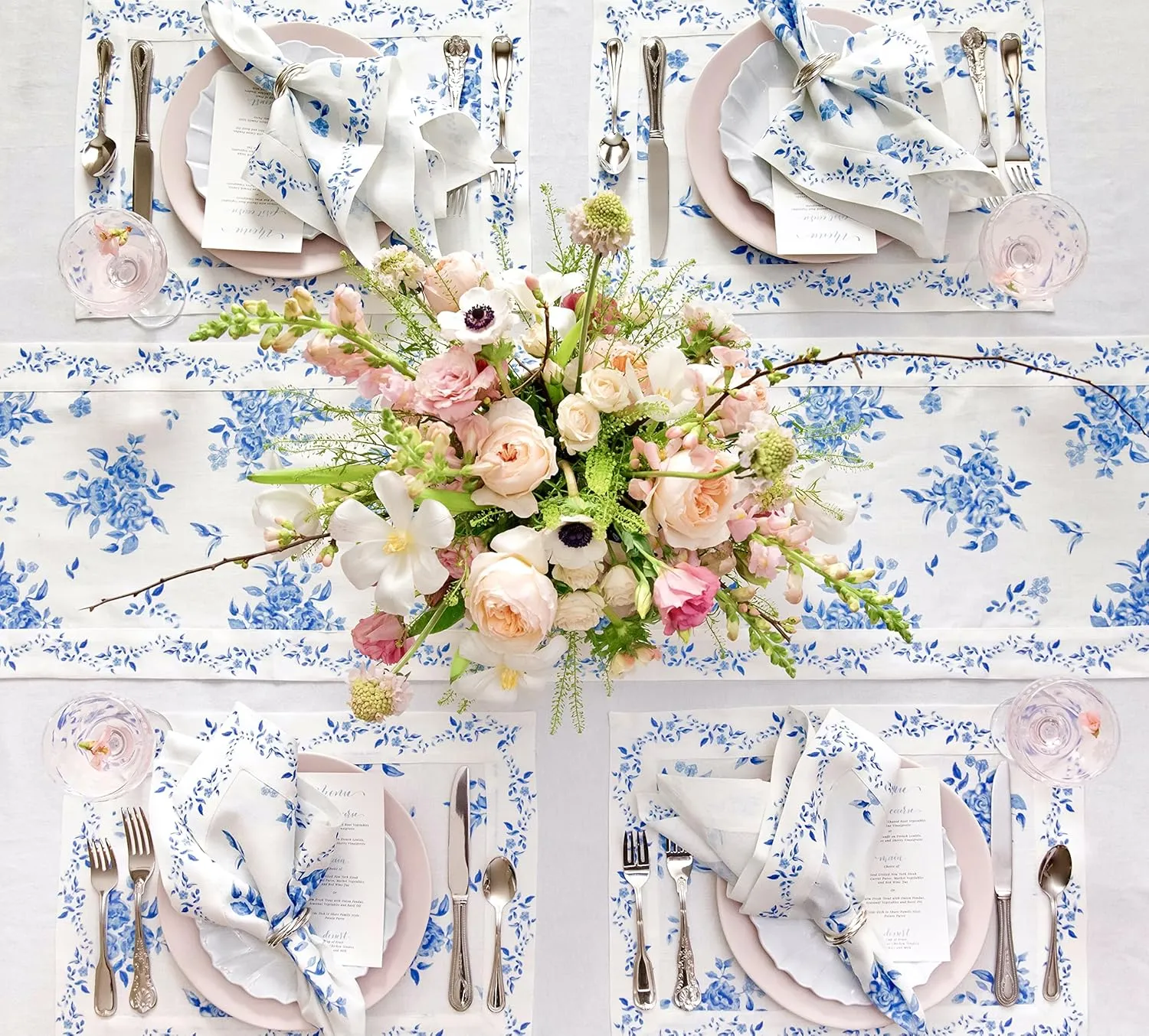 Solino Home Blue Floral Cloth Napkins Set of 4-100% Pure Linen Dinner Napkins 20 x 20 Inch for Spring, Summer - Handcrafted and Machine Washable - Jolie Fleur Print