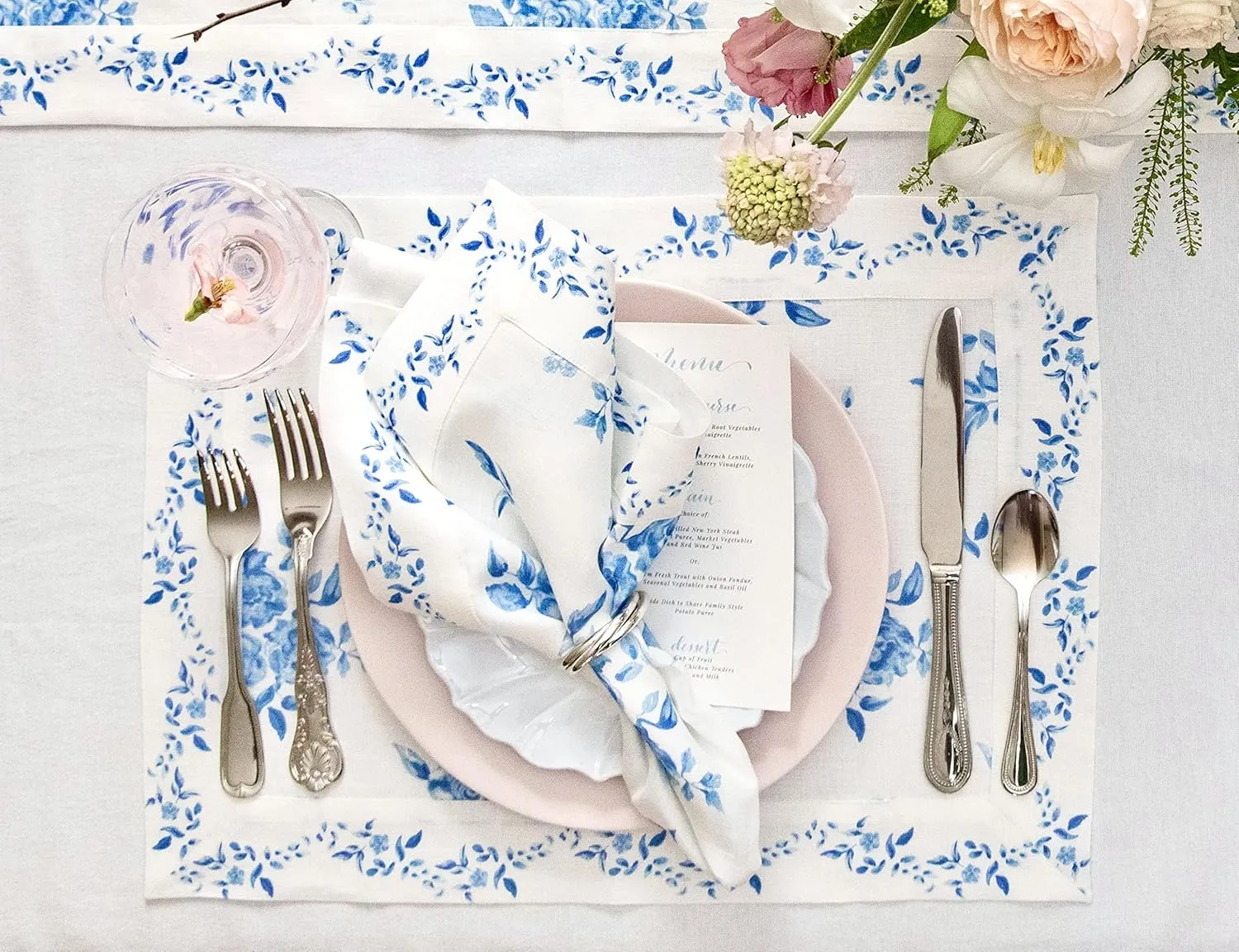 Solino Home Blue Floral Cloth Napkins Set of 4-100% Pure Linen Dinner Napkins 20 x 20 Inch for Spring, Summer - Handcrafted and Machine Washable - Jolie Fleur Print