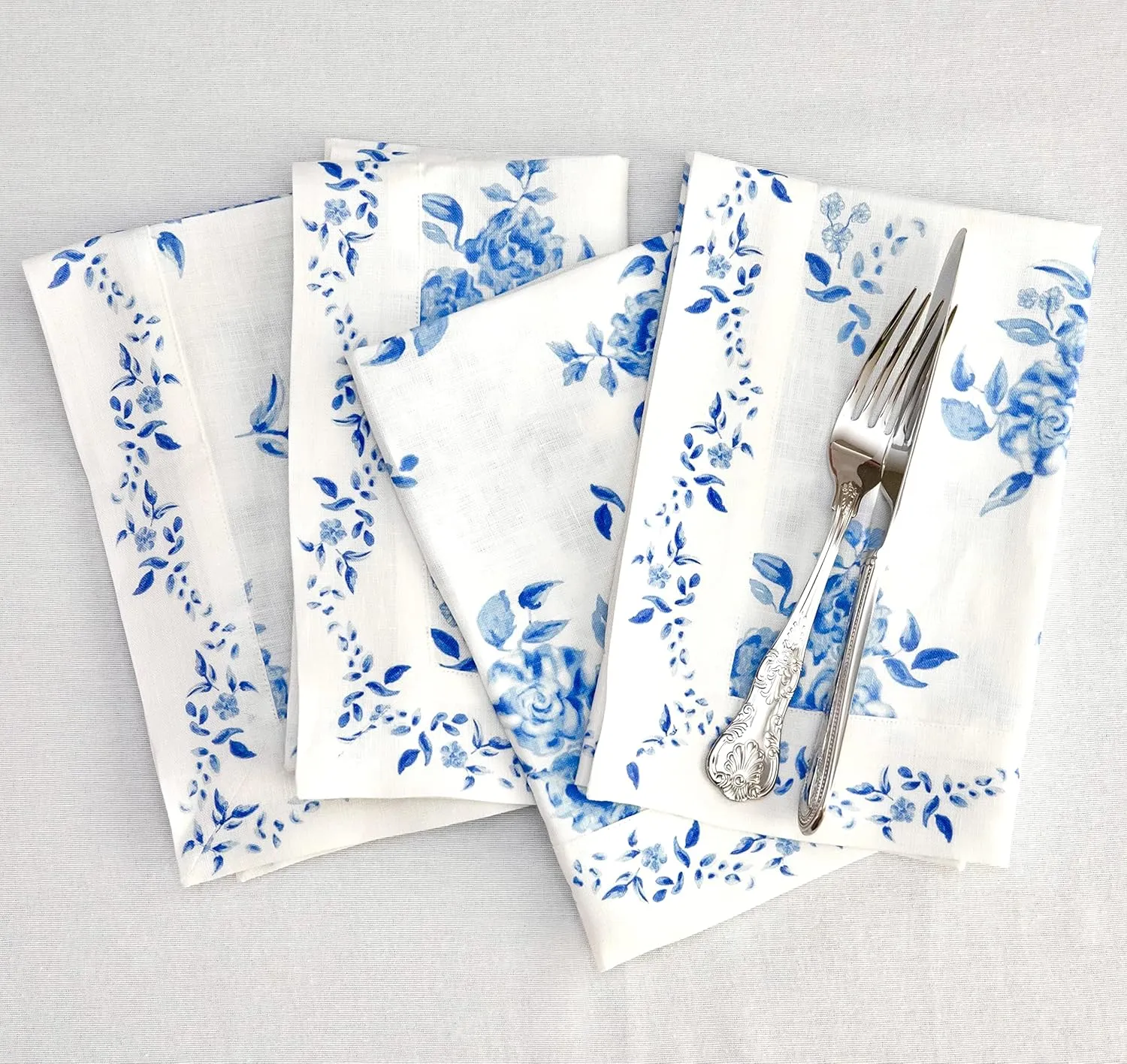 Solino Home Blue Floral Cloth Napkins Set of 4-100% Pure Linen Dinner Napkins 20 x 20 Inch for Spring, Summer - Handcrafted and Machine Washable - Jolie Fleur Print