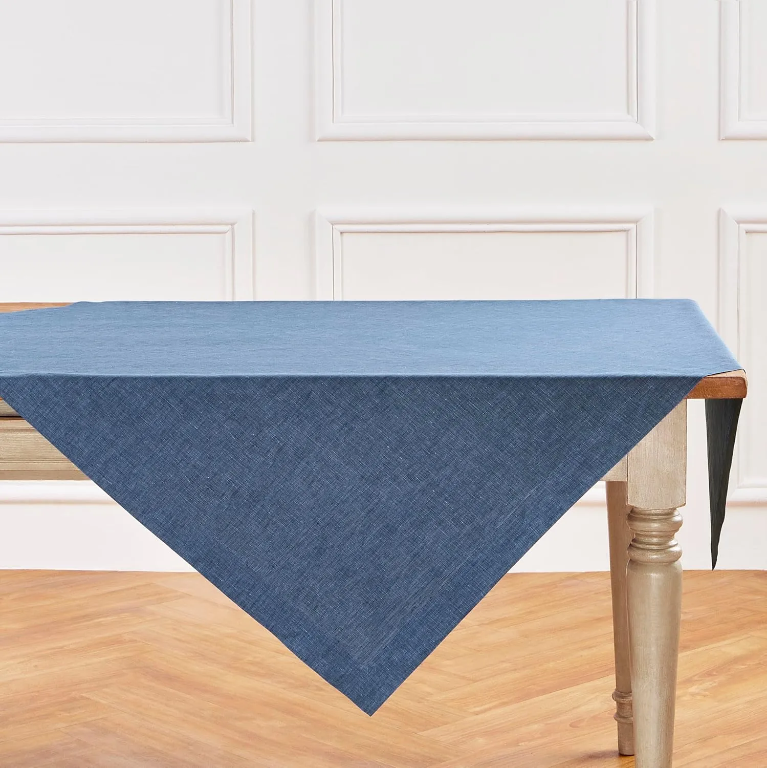 Solino Home Cloth Tablecloth 52 x 52 Inch - 100% Pure Linen Blue Denim Square Tablecloth - Athena, Machine Washable Table Throw for 4th of July, Memorial Day, Father's Day, Summer
