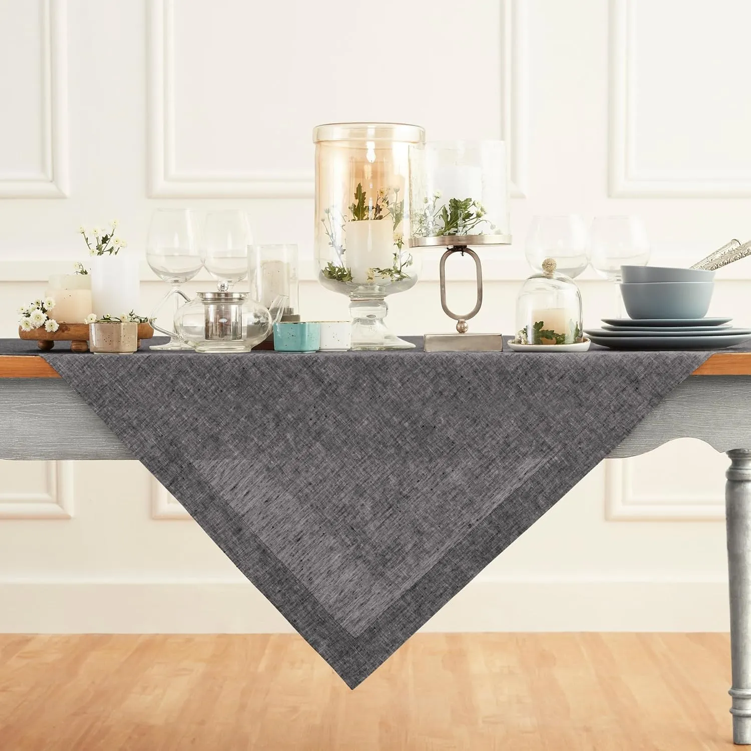 Solino Home Cloth Tablecloth 52 x 52 Inch - 100% Pure Linen Chambray Black Square Tablecloth - Athena, Machine Washable Table Throw for Spring, Summer