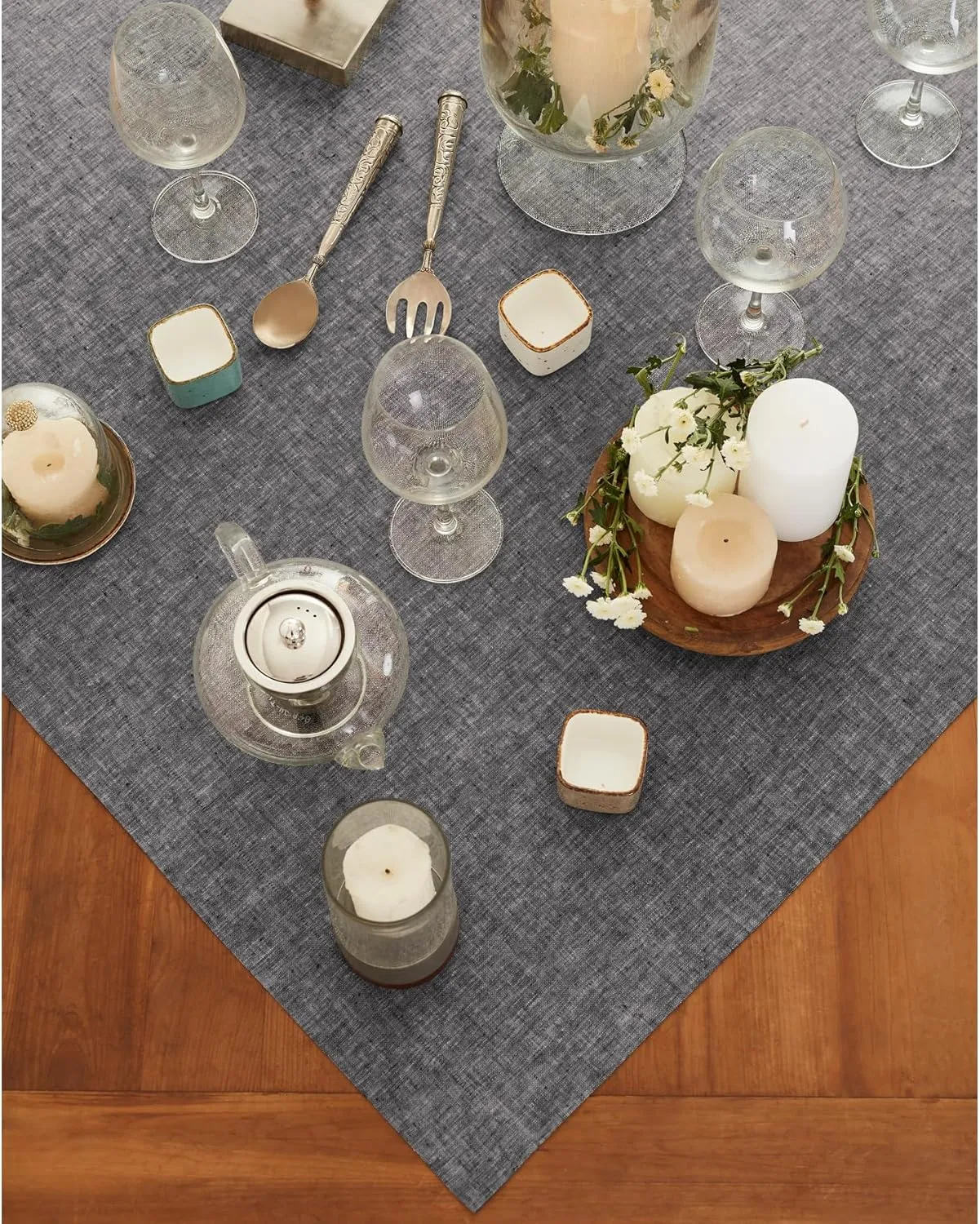 Solino Home Cloth Tablecloth 52 x 52 Inch - 100% Pure Linen Chambray Black Square Tablecloth - Athena, Machine Washable Table Throw for Spring, Summer