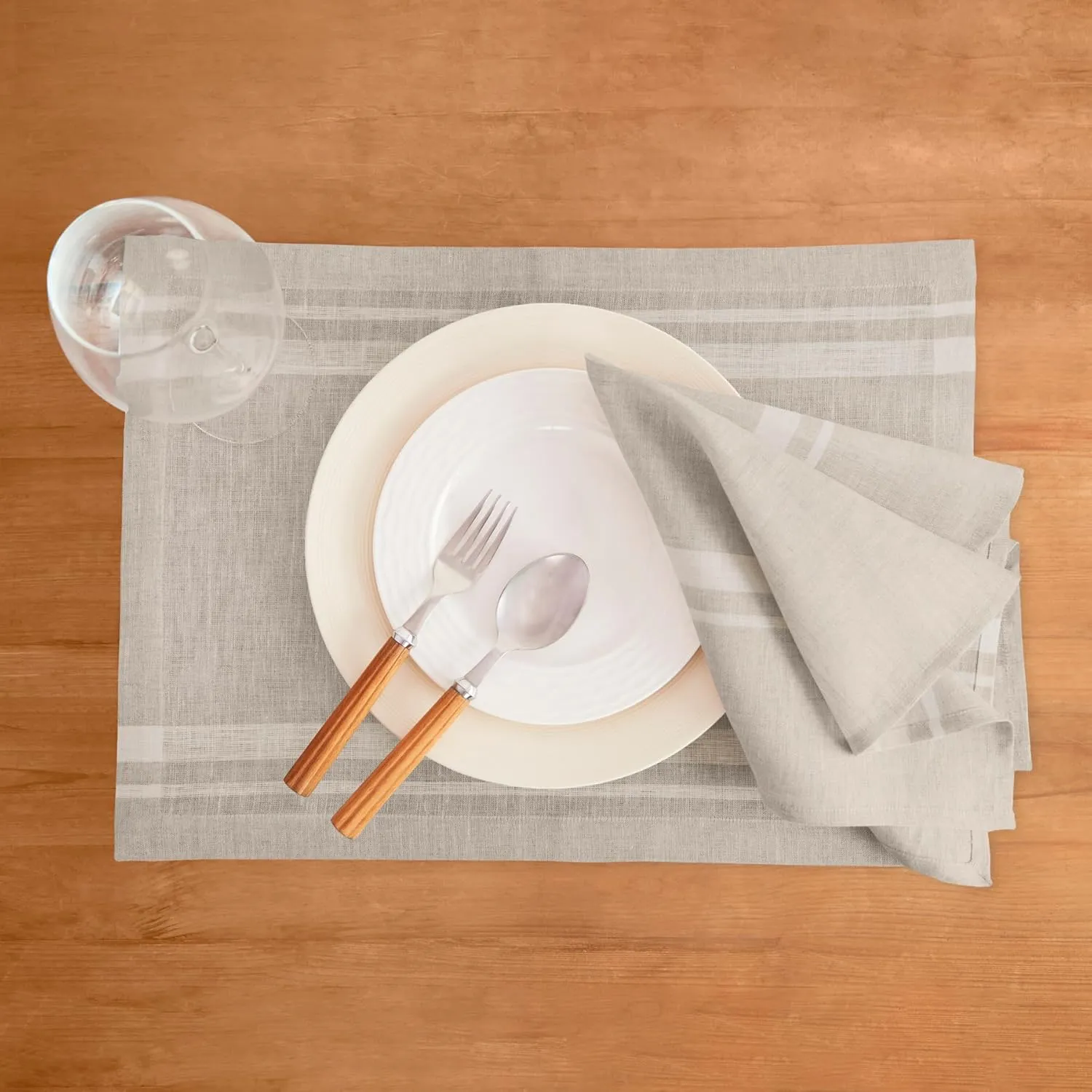 Solino Home French Stripe Placemats Set of 4-100% Pure Linen White and Natural Fabric Placemats 14 x 19 Inch for Spring, Summer