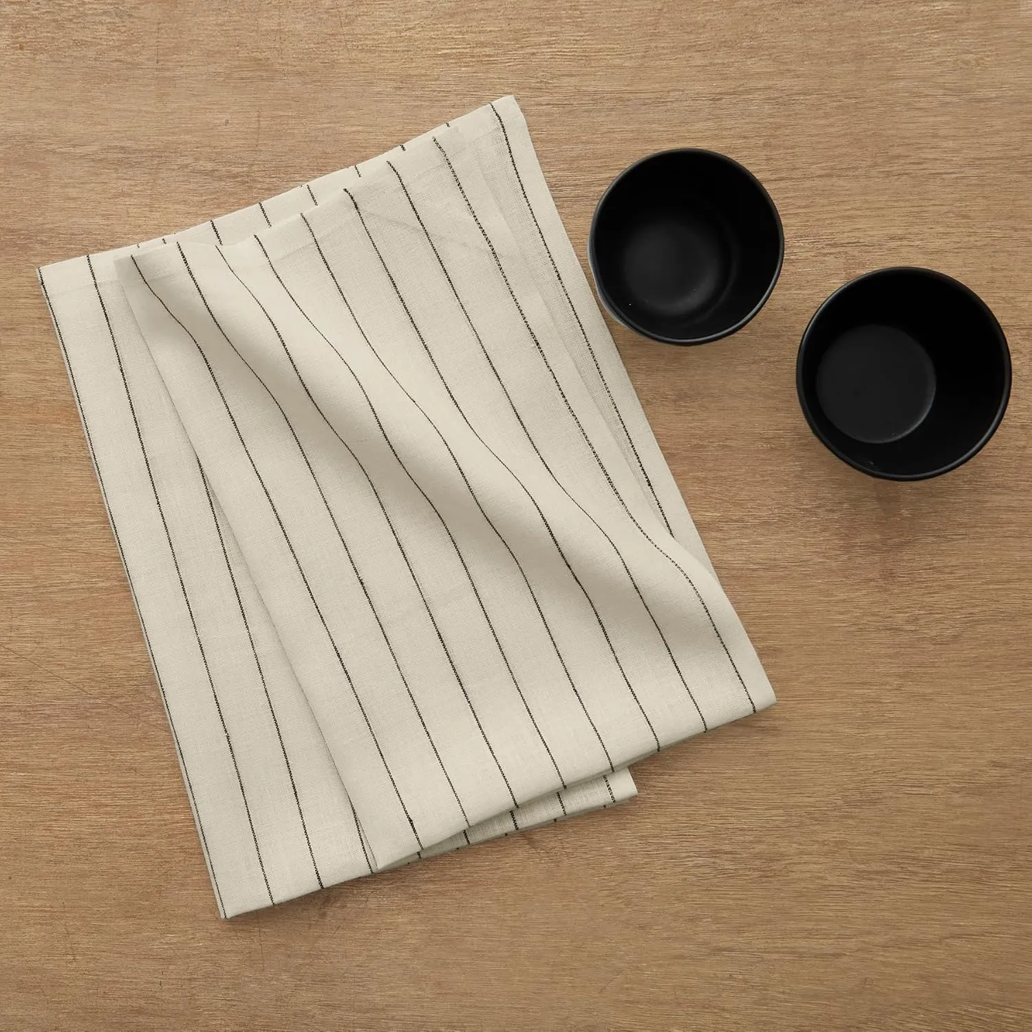 Solino Home Ivory and Black Linen Kitchen Towels Set of 2-100% Pure Linen Pinstripe Kitchen/Tea Towels 17 x 26 Inch - Machine Washable and Handcrafted from European Flax
