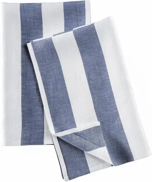 Solino Home Linen Kitchen Towels Set of 2 - Navy and White 17 x 26 Inch - 100% Pure Linen Cabana Stripe Kitchen/Tea Towels - Machine Washable and Handcrafted from European Flax