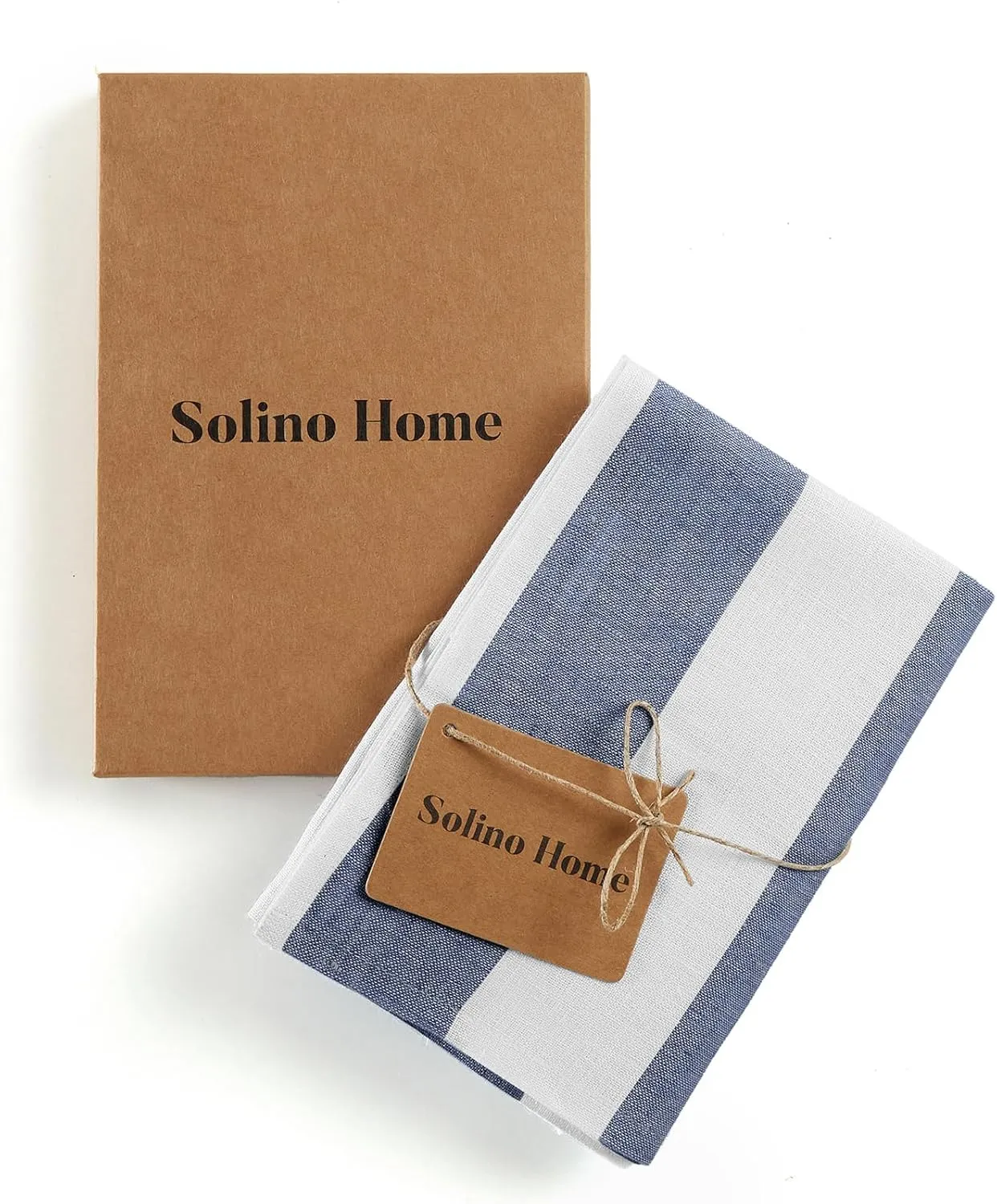 Solino Home Linen Kitchen Towels Set of 2 - Navy and White 17 x 26 Inch - 100% Pure Linen Cabana Stripe Kitchen/Tea Towels - Machine Washable and Handcrafted from European Flax