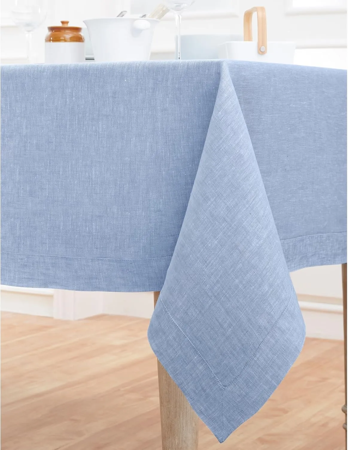 Solino Home Linen Tablecloth 60 x 132 Inch - 100% Pure Linen Chambray Blue Table Cloth for Rectangle Tables - Athena, Machine Washable Fabric Tablecloth for Spring, Summer