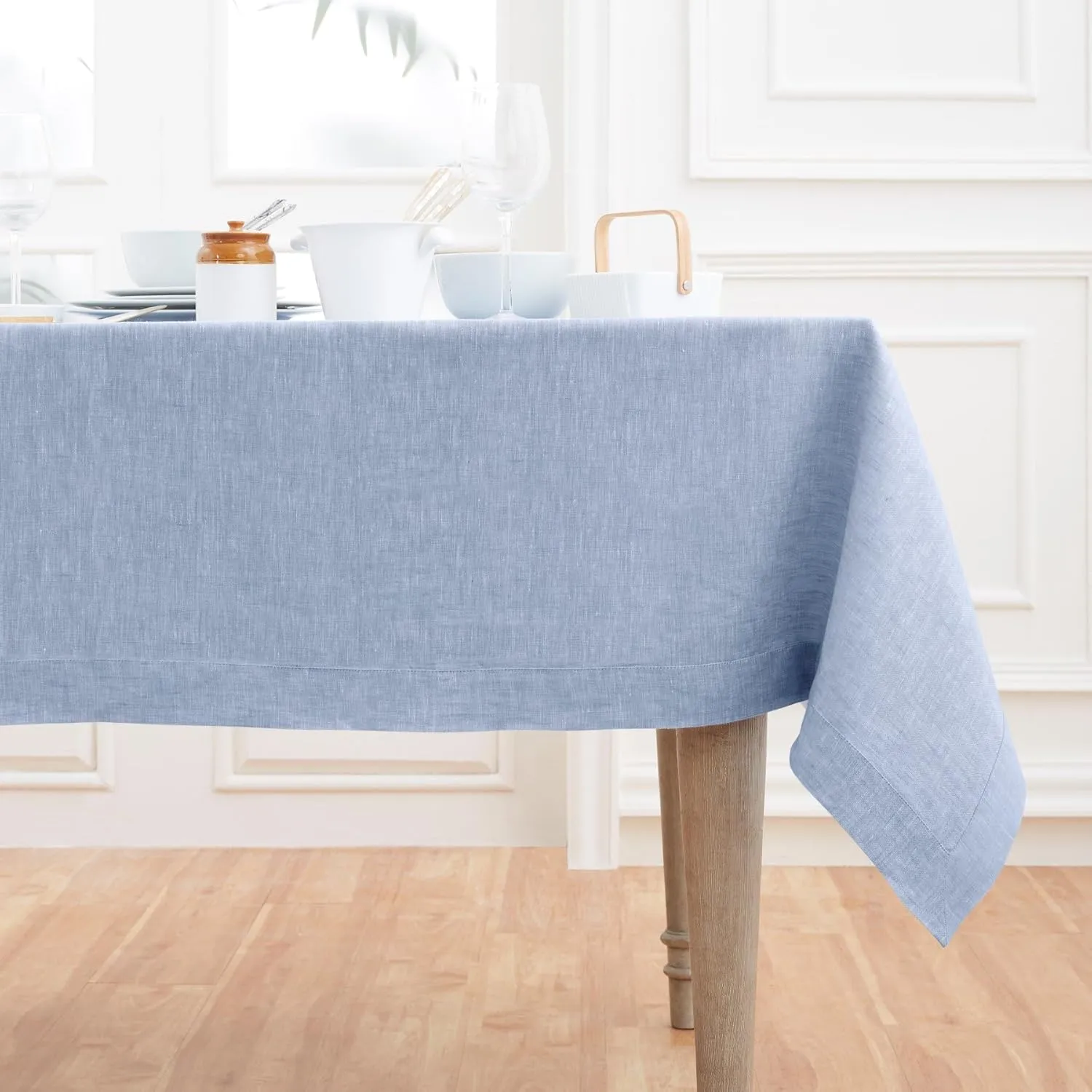 Solino Home Linen Tablecloth 60 x 132 Inch - 100% Pure Linen Chambray Blue Table Cloth for Rectangle Tables - Athena, Machine Washable Fabric Tablecloth for Spring, Summer