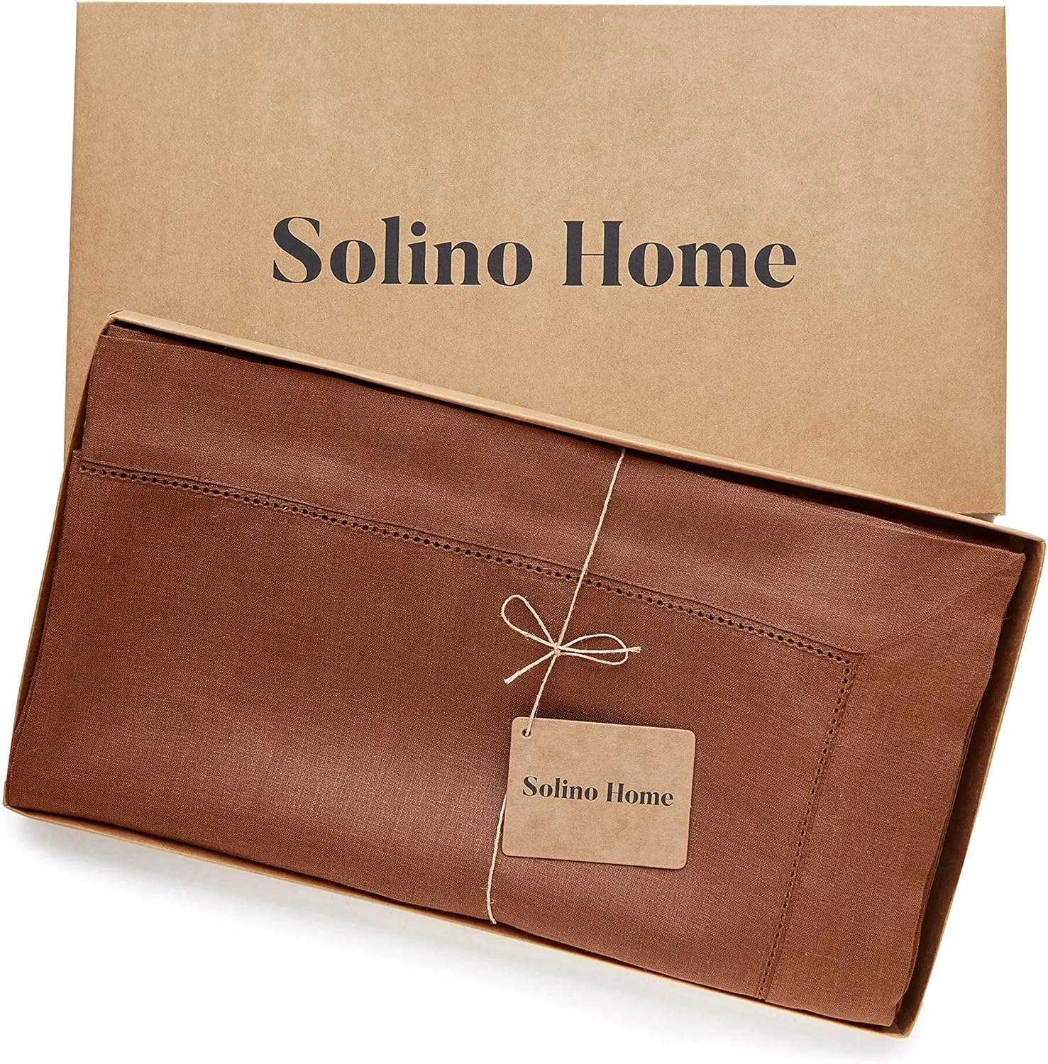 Solino Home Linen Tablecloth 60 x 90 Inch - Classic Hemstitch 100% Pure Linen Cinnamon Table Cloth for Rectangle Tables - Machine Washable Fabric Tablecloth