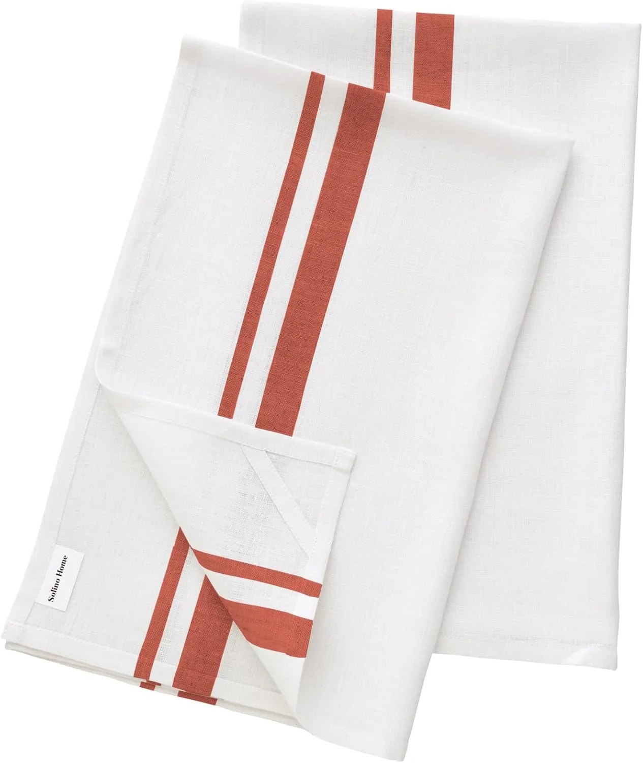 Solino Home Red and White Linen Kitchen Towels Set of 2-100% Pure Linen French Stripe Kitchen/Tea Towels 17 x 26 Inch - Machine Washable and Handcrafted from European Flax