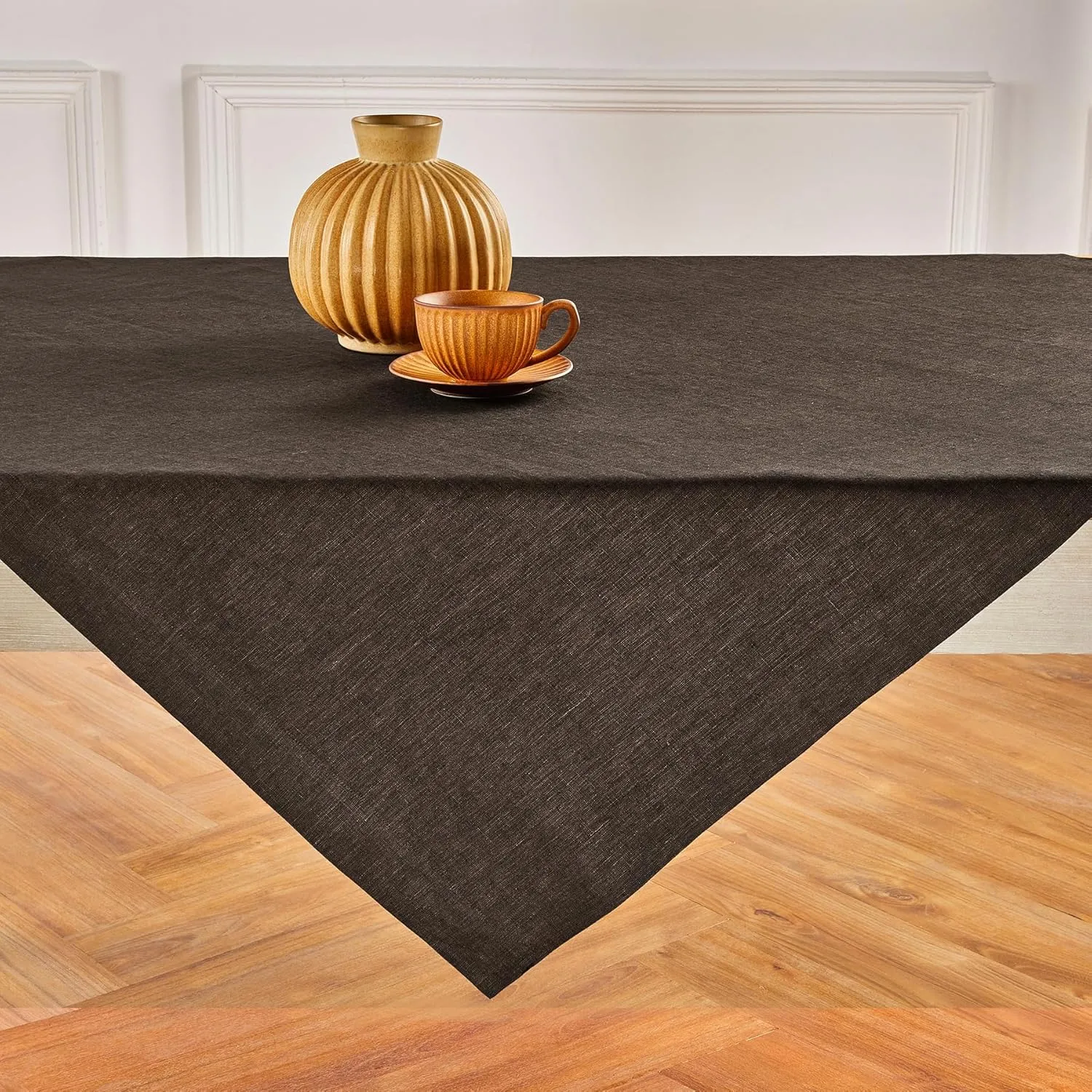 Solino Home Square Tablecloth 52 x 52 Inch - 100% Pure Linen Chambray Brown Table Throw - Athena, Machine Washable Tablecloth