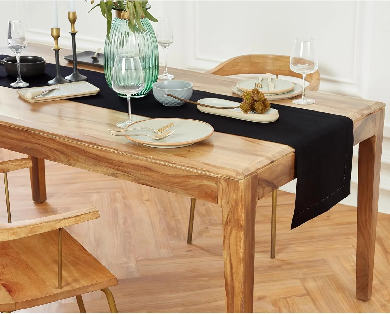 Solino Home Table Runner 120 Inches Long - 100% Pure Linen Black Table Runner 14 x 120 Inch for Spring, Mothers Day - Medium Weight Hemstitch