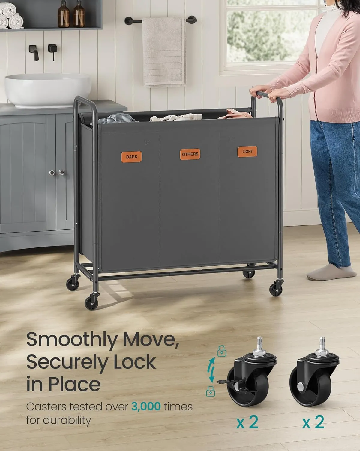 SONGMICS 3-Section Laundry Sorter, Laundry Hamper with Wheels, Rolling Clothes Hamper Cart with Large Capacity and Removable Bags, for Laundry Room, Bedroom, Bathroom, Slate Gray URLS330G01