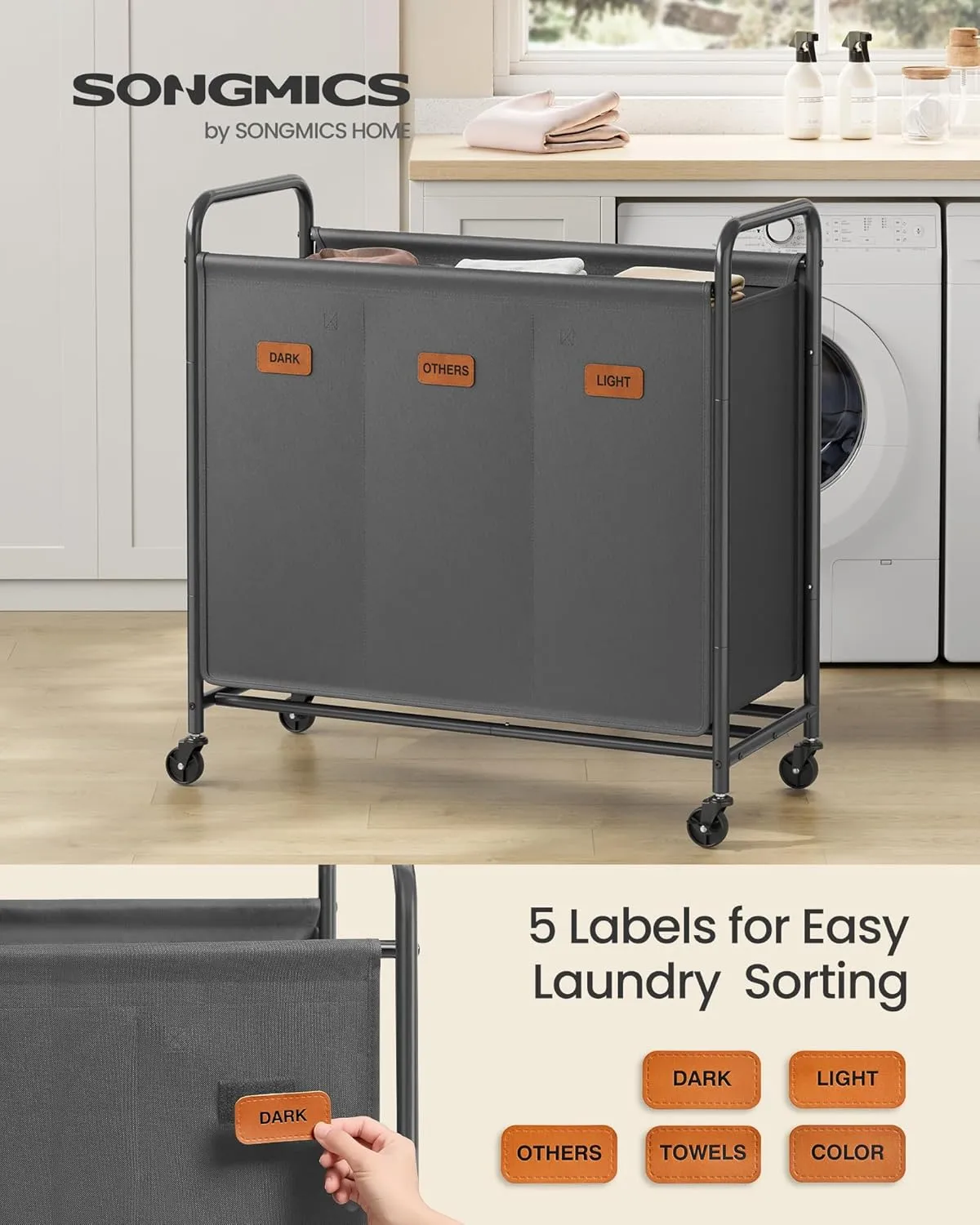 SONGMICS 3-Section Laundry Sorter, Laundry Hamper with Wheels, Rolling Clothes Hamper Cart with Large Capacity and Removable Bags, for Laundry Room, Bedroom, Bathroom, Slate Gray URLS330G01
