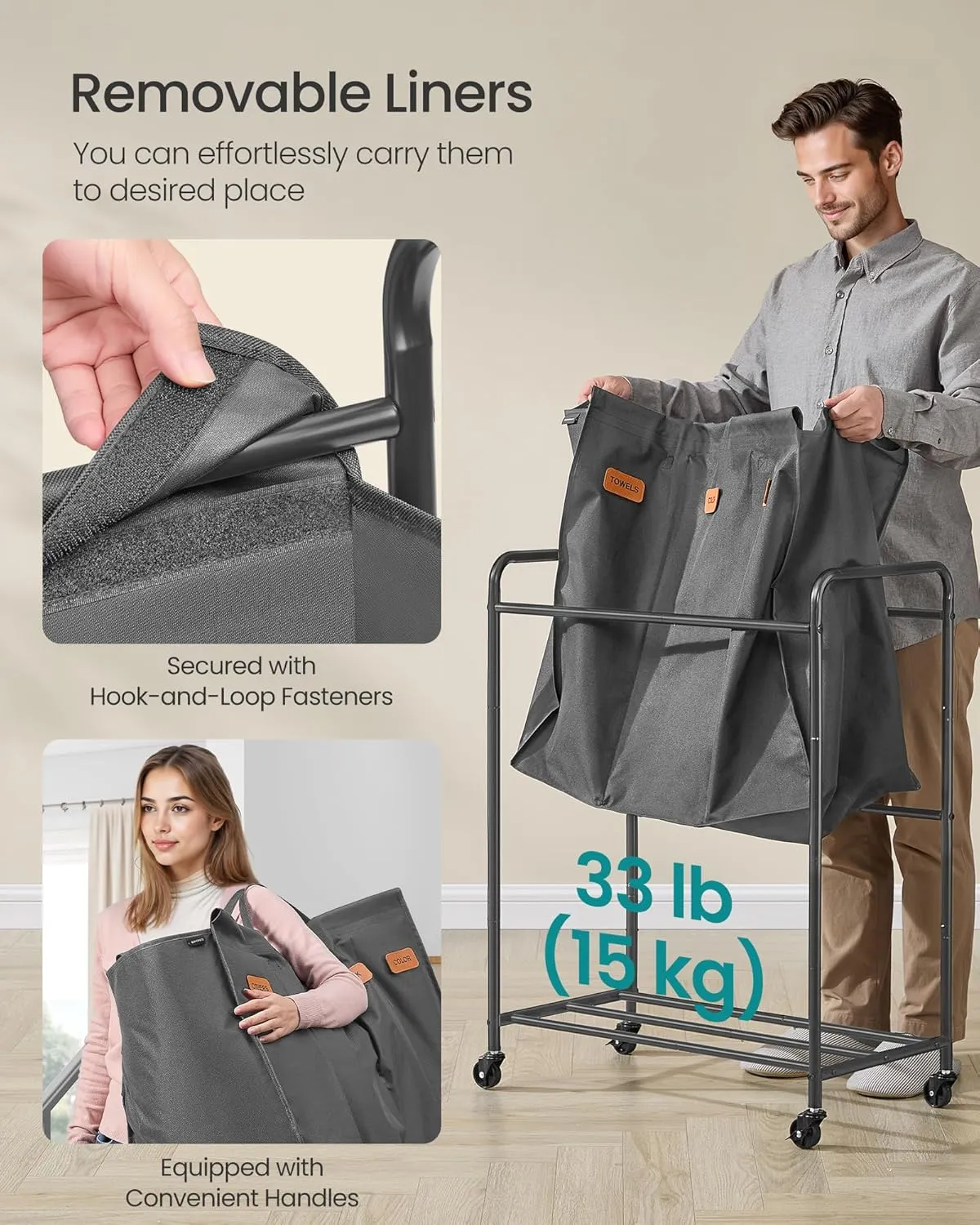 SONGMICS 3-Section Laundry Sorter, Laundry Hamper with Wheels, Rolling Clothes Hamper Cart with Large Capacity and Removable Bags, for Laundry Room, Bedroom, Bathroom, Slate Gray URLS330G01