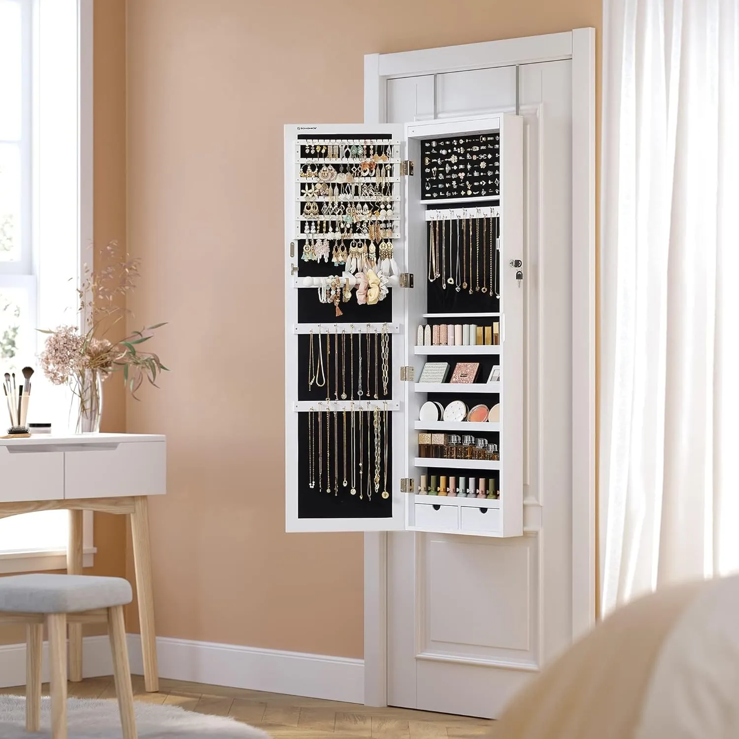SONGMICS 6 LEDs Mirror Jewelry Cabinet, 47.2-Inch Tall Lockable Wall or Door Mounted Jewelry Armoire Organizer with Mirror, 2 Drawers, 3.9 x 14.6 x 47.2 Inches, White UJJC93W