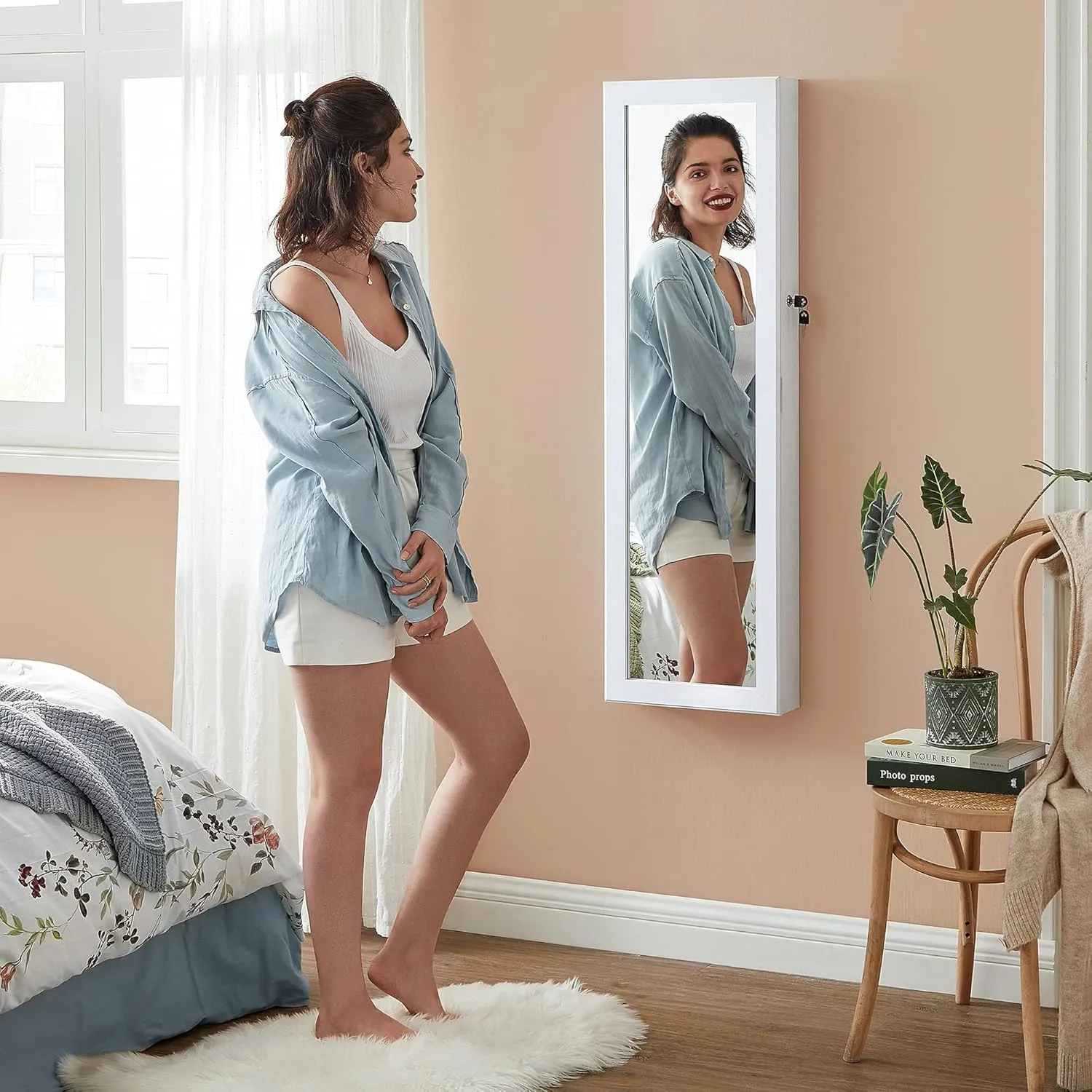 SONGMICS 6 LEDs Mirror Jewelry Cabinet, 47.2-Inch Tall Lockable Wall or Door Mounted Jewelry Armoire Organizer with Mirror, 2 Drawers, 3.9 x 14.6 x 47.2 Inches, White UJJC93W