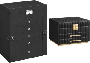 SONGMICS 6-Tier Jewelry Organizer and 3-Tier Jewelry Box Bundle, Large Storage Capacity, with Drawers and Mirror, PU Surface with Stitching, Gift, Ink Black UJBC152B01 and UJBC183B01