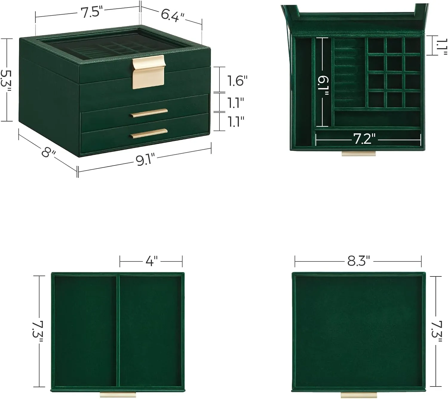 SONGMICS Jewelry Box Organizer with Glass Lid, 3-Layer Jewelry Storage, with 2 Drawers, Modern Style, 8 x 9.1 x 5.3 Inches, Forest Green and Gold Color UJBC239C01