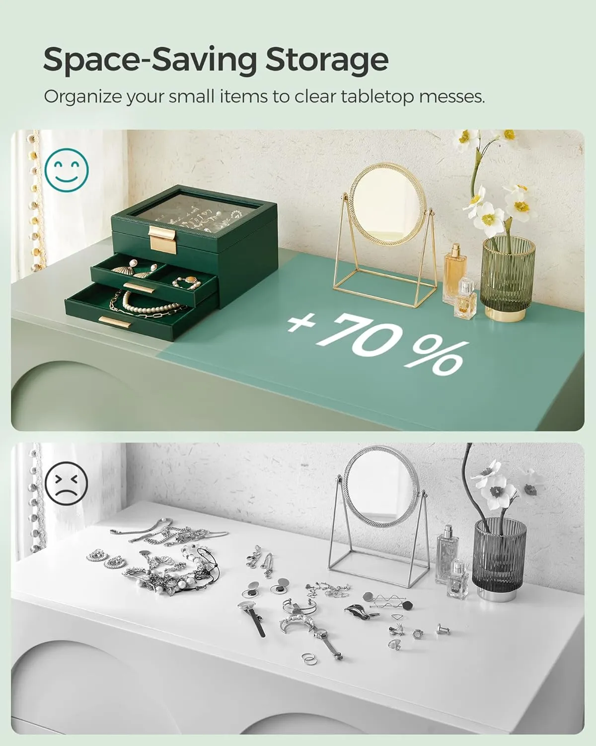 SONGMICS Jewelry Box Organizer with Glass Lid, 3-Layer Jewelry Storage, with 2 Drawers, Modern Style, 8 x 9.1 x 5.3 Inches, Forest Green and Gold Color UJBC239C01