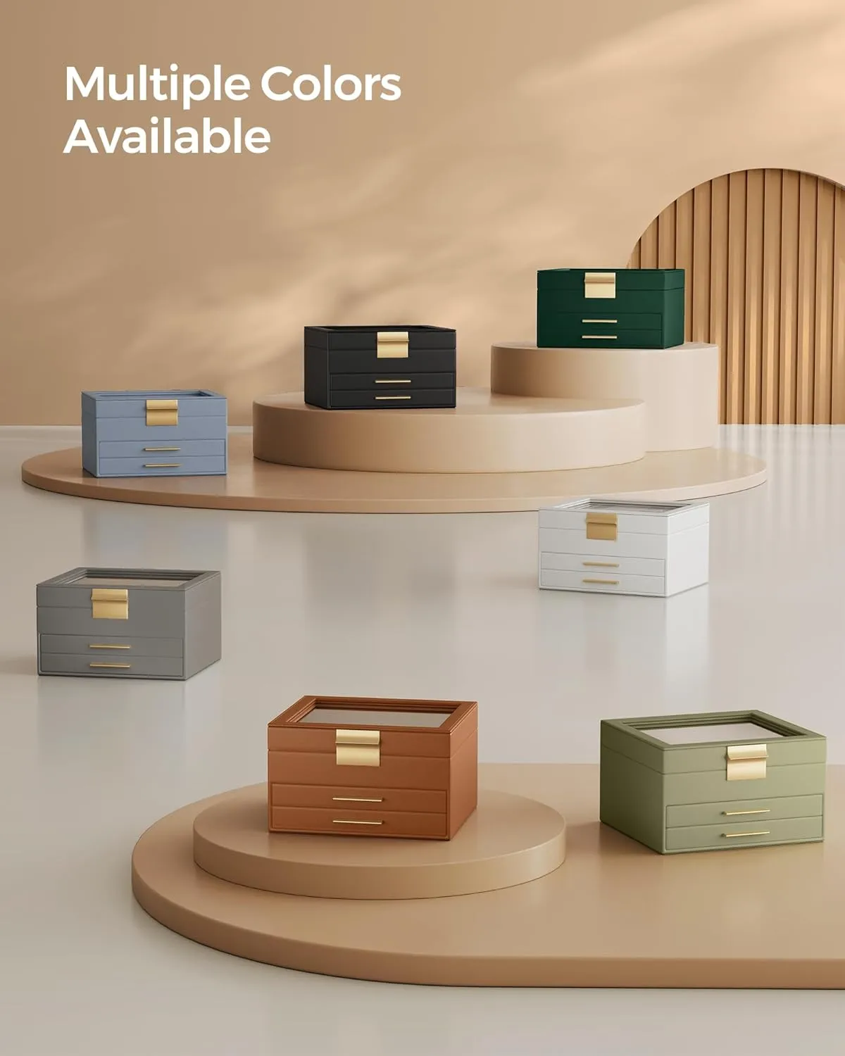 SONGMICS Jewelry Box Organizer with Glass Lid, 3-Layer Jewelry Storage, with 2 Drawers, Modern Style, 8 x 9.1 x 5.3 Inches, Forest Green and Gold Color UJBC239C01