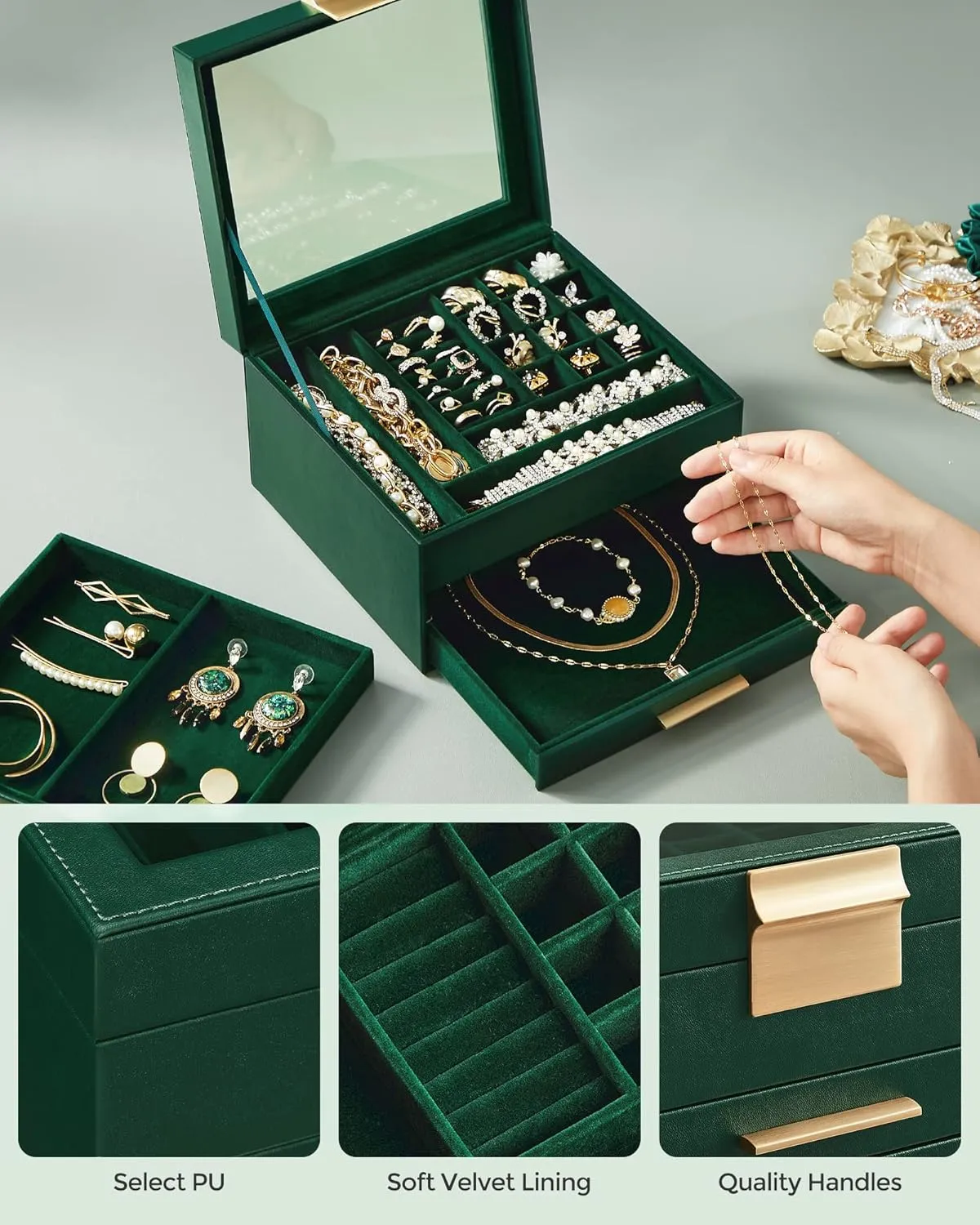 SONGMICS Jewelry Box Organizer with Glass Lid, 3-Layer Jewelry Storage, with 2 Drawers, Modern Style, 8 x 9.1 x 5.3 Inches, Forest Green and Gold Color UJBC239C01
