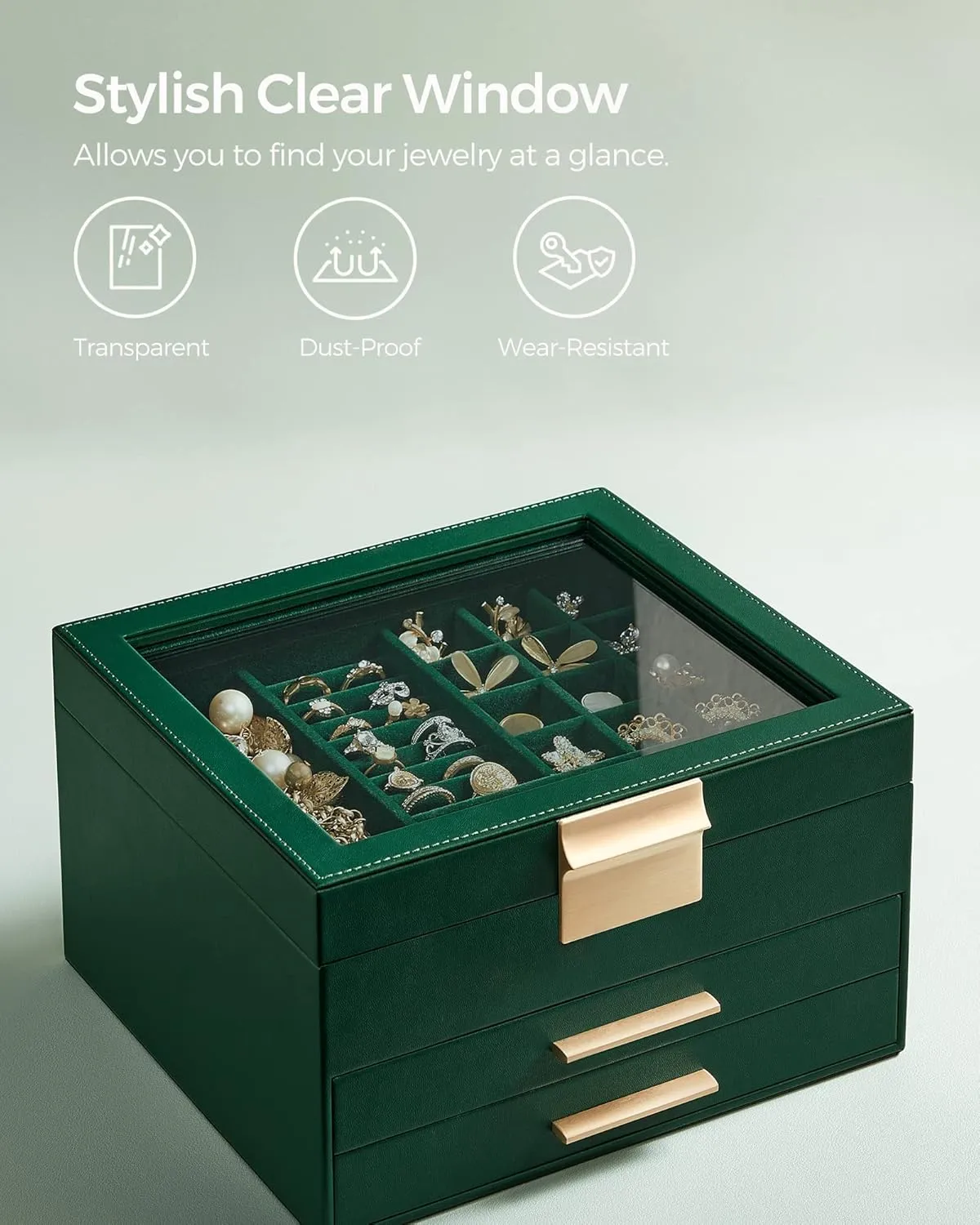 SONGMICS Jewelry Box Organizer with Glass Lid, 3-Layer Jewelry Storage, with 2 Drawers, Modern Style, 8 x 9.1 x 5.3 Inches, Forest Green and Gold Color UJBC239C01